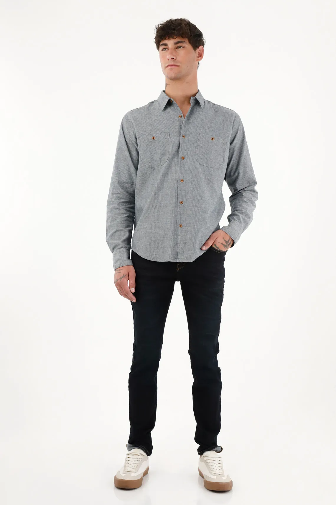 Camisa preteñida a rayas azul para hombre