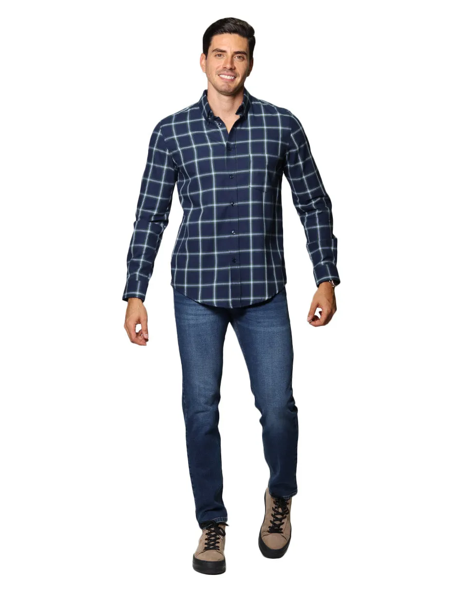 Camisas Para Hombre De Manga Larga Con Estampado De Cuadros Regular Fit B35229 Marino
