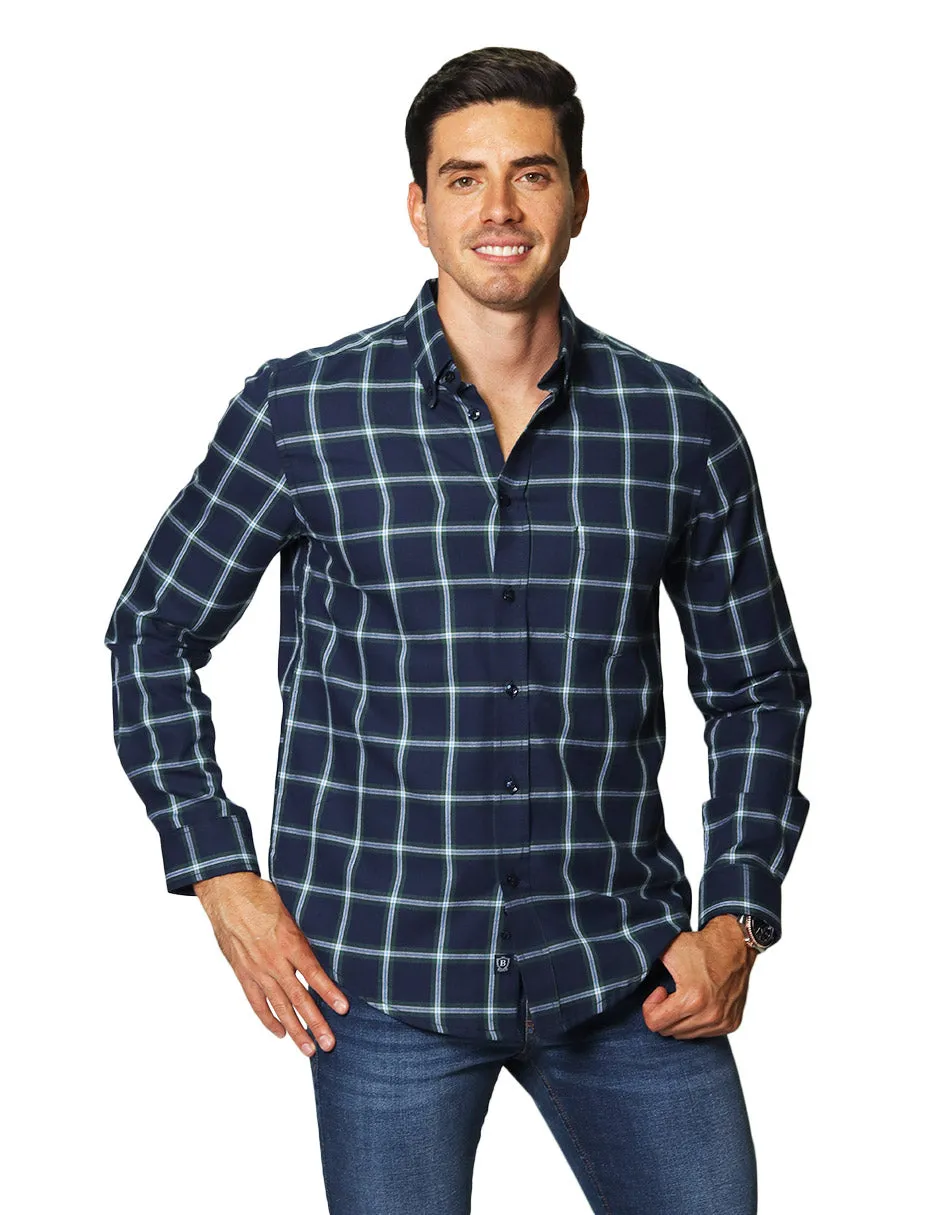 Camisas Para Hombre De Manga Larga Con Estampado De Cuadros Regular Fit B35229 Marino