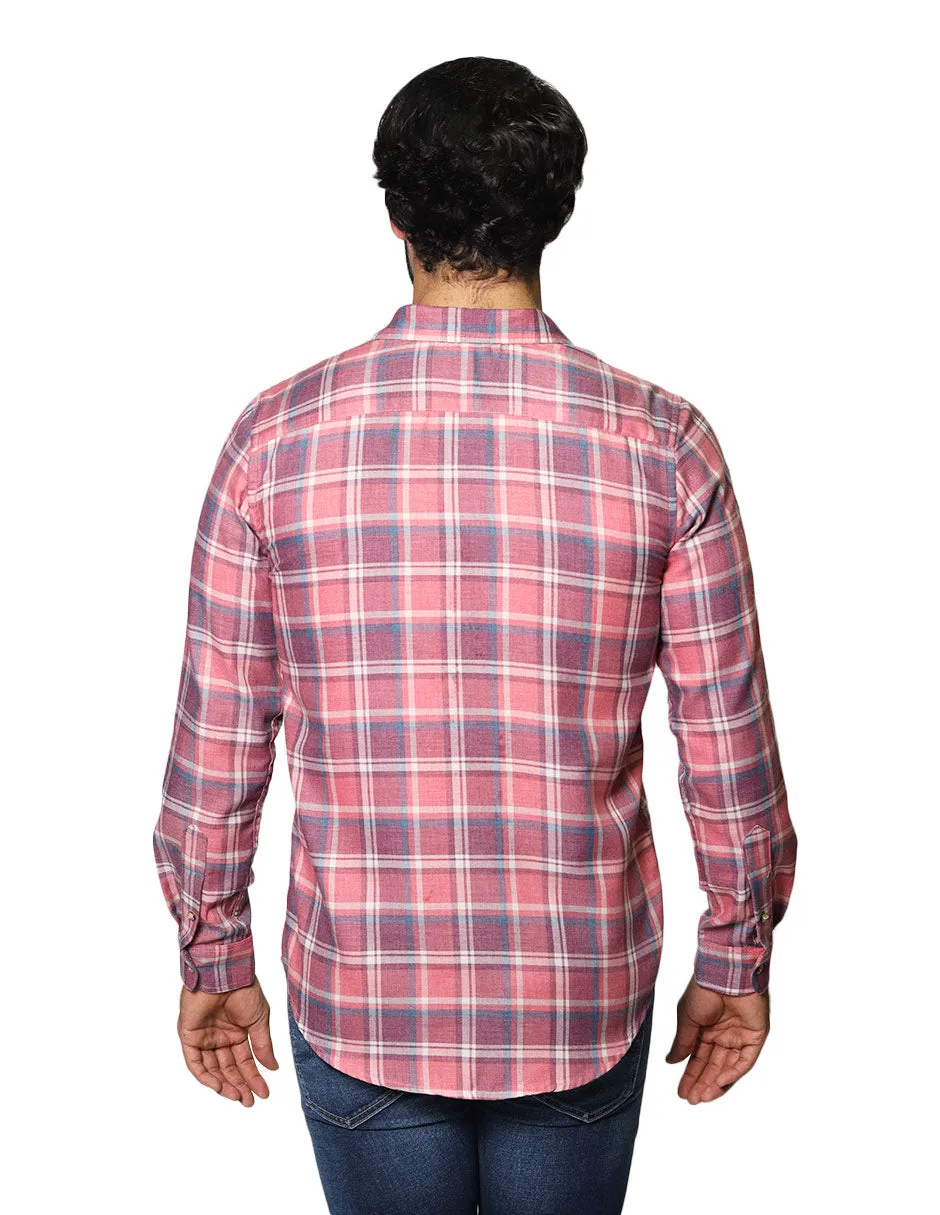 Camisas Para Hombre De Manga Larga Con Estapado De Cuadros Jaspeada Relaxed Fit B35118 Rojo