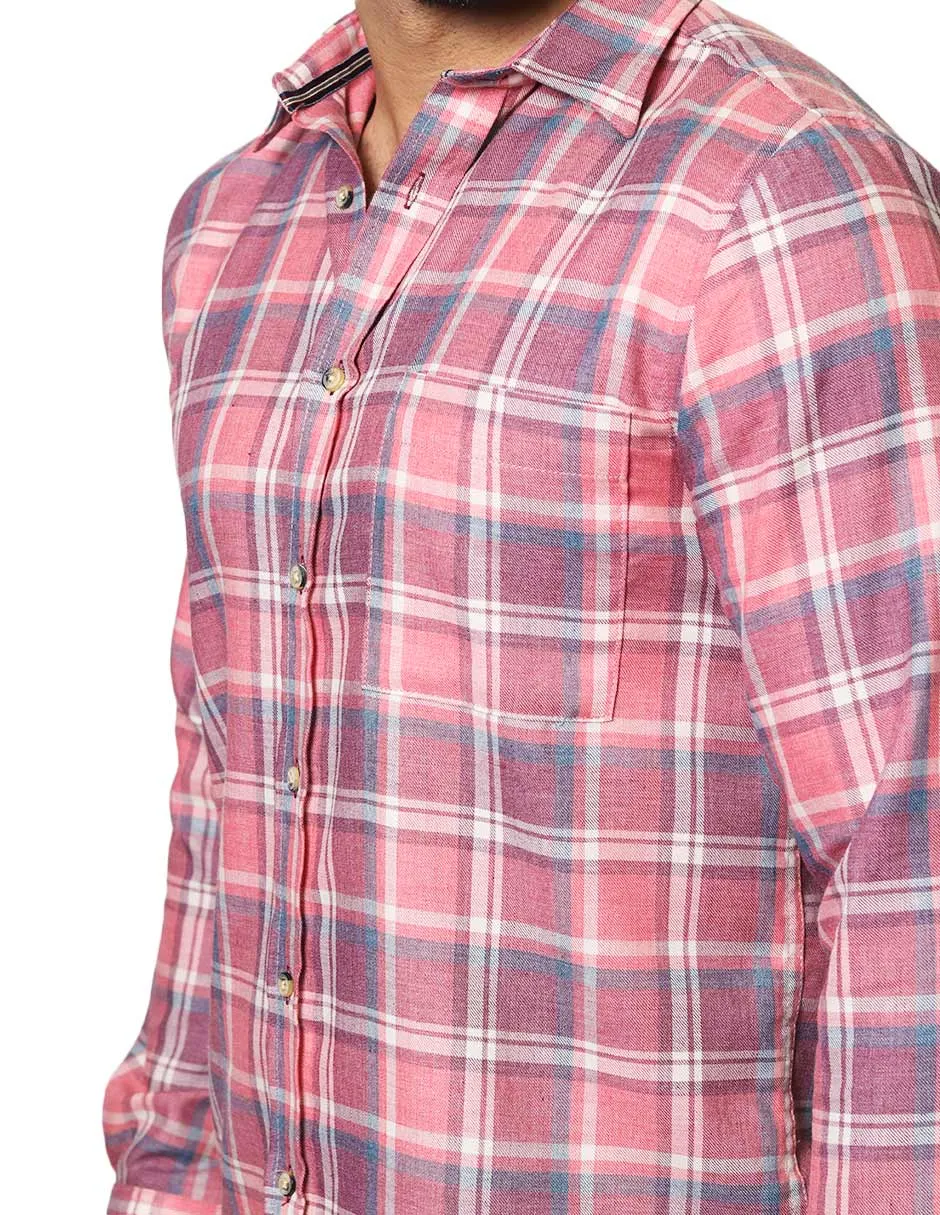 Camisas Para Hombre De Manga Larga Con Estapado De Cuadros Jaspeada Relaxed Fit B35118 Rojo