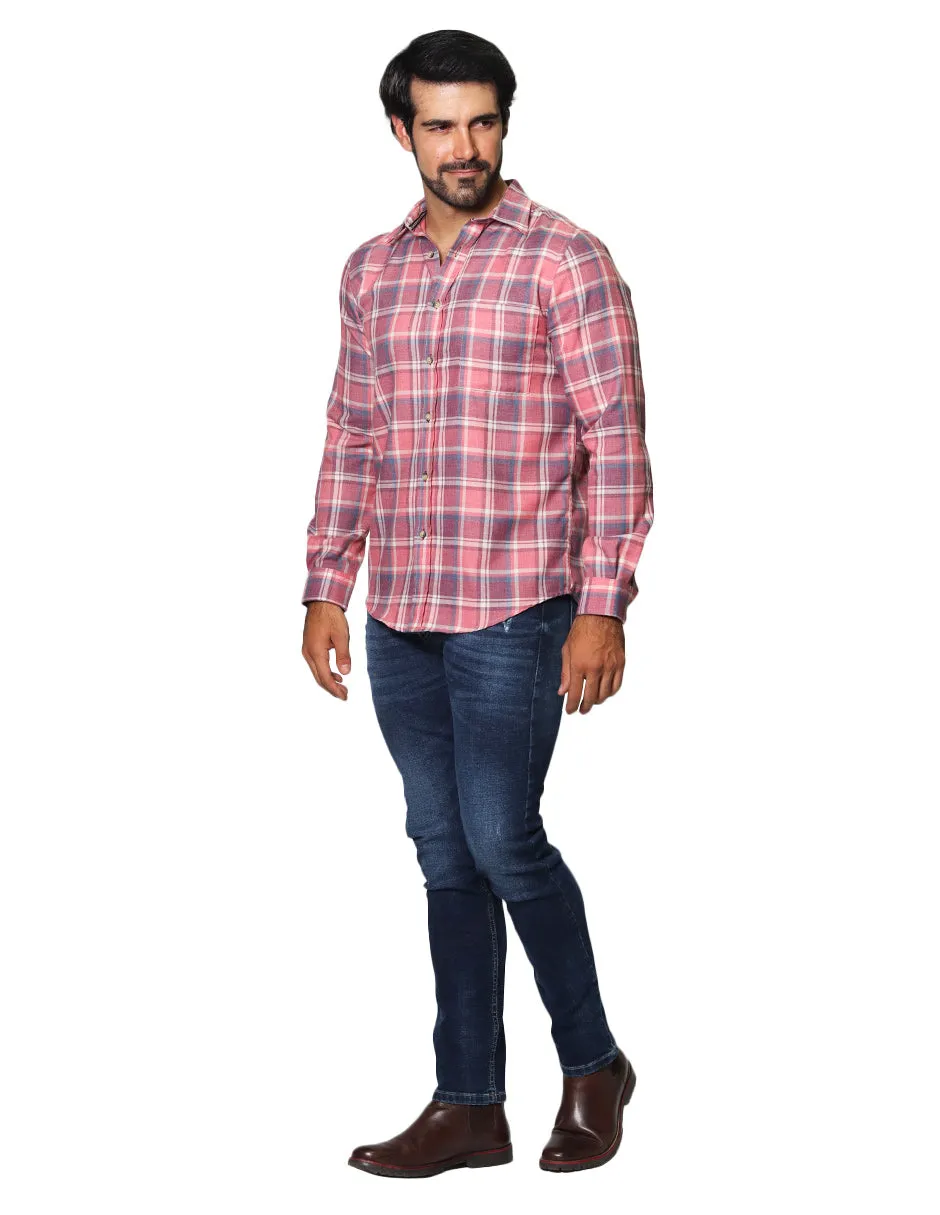 Camisas Para Hombre De Manga Larga Con Estapado De Cuadros Jaspeada Relaxed Fit B35118 Rojo