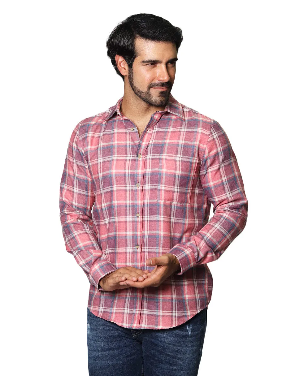 Camisas Para Hombre De Manga Larga Con Estapado De Cuadros Jaspeada Relaxed Fit B35118 Rojo