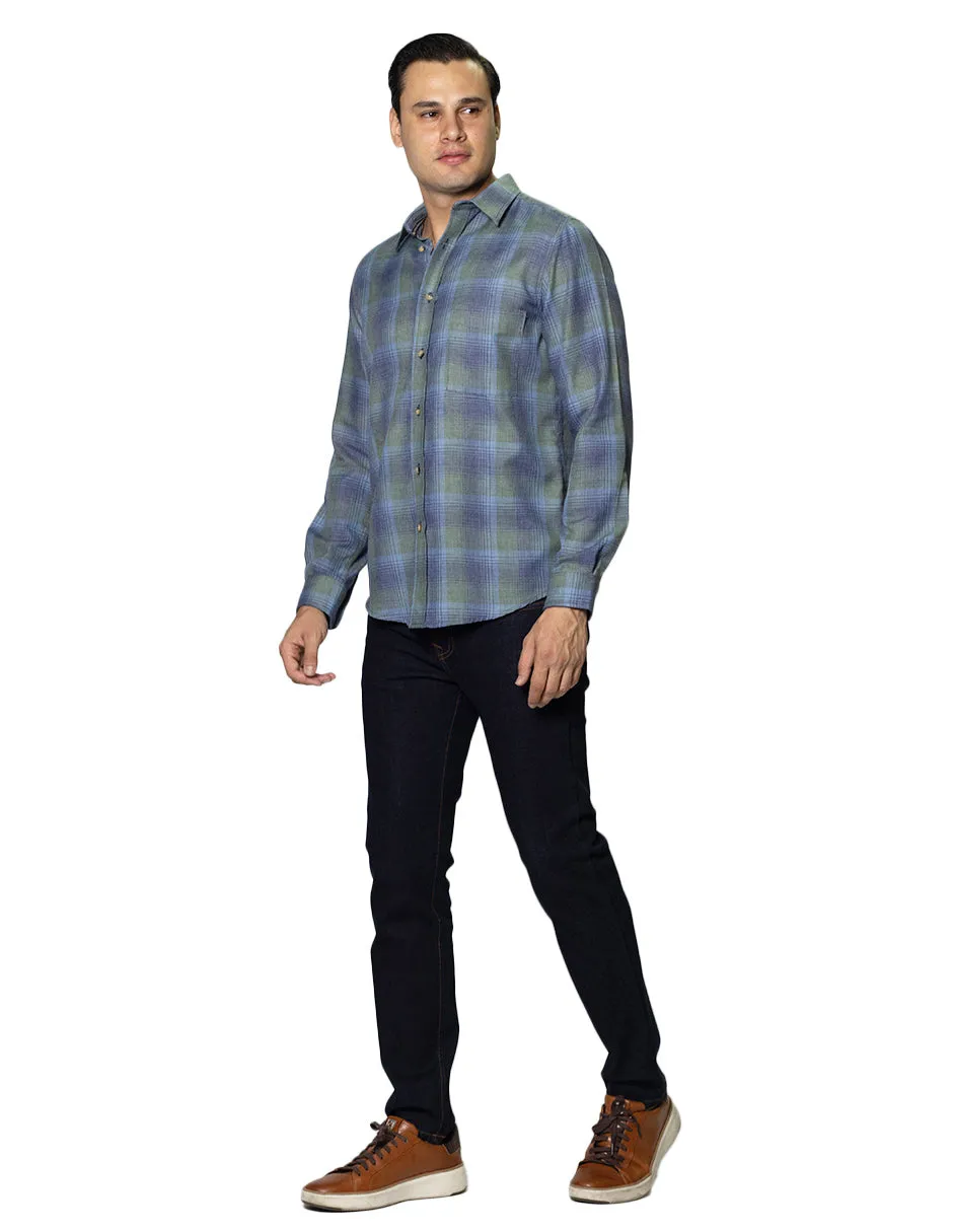 Camisas Para Hombre De Manga Larga Con Estapado De Cuadros Jaspeada Relaxed Fit B35119 Olivo