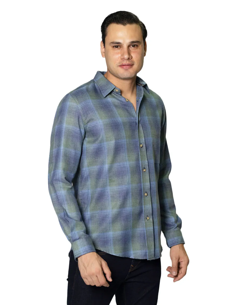 Camisas Para Hombre De Manga Larga Con Estapado De Cuadros Jaspeada Relaxed Fit B35119 Olivo