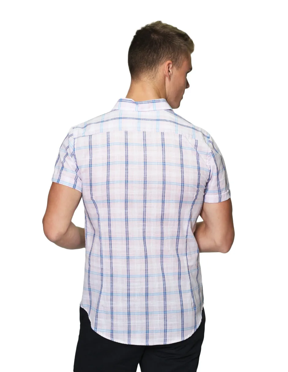 Camisas Para Hombre Manga Corta Estampado Cuadros Slim Fit B31361 Rosa