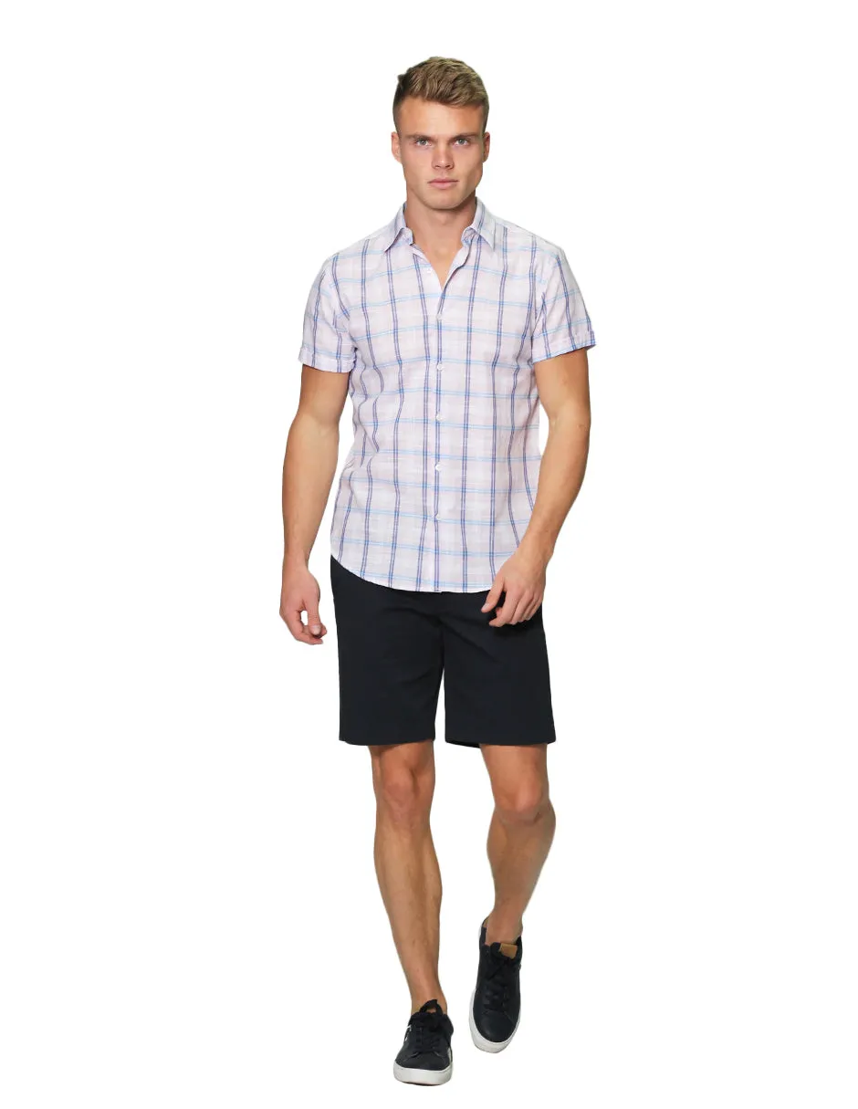 Camisas Para Hombre Manga Corta Estampado Cuadros Slim Fit B31361 Rosa