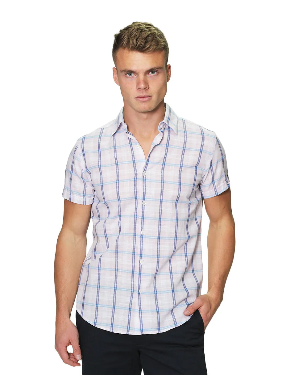 Camisas Para Hombre Manga Corta Estampado Cuadros Slim Fit B31361 Rosa