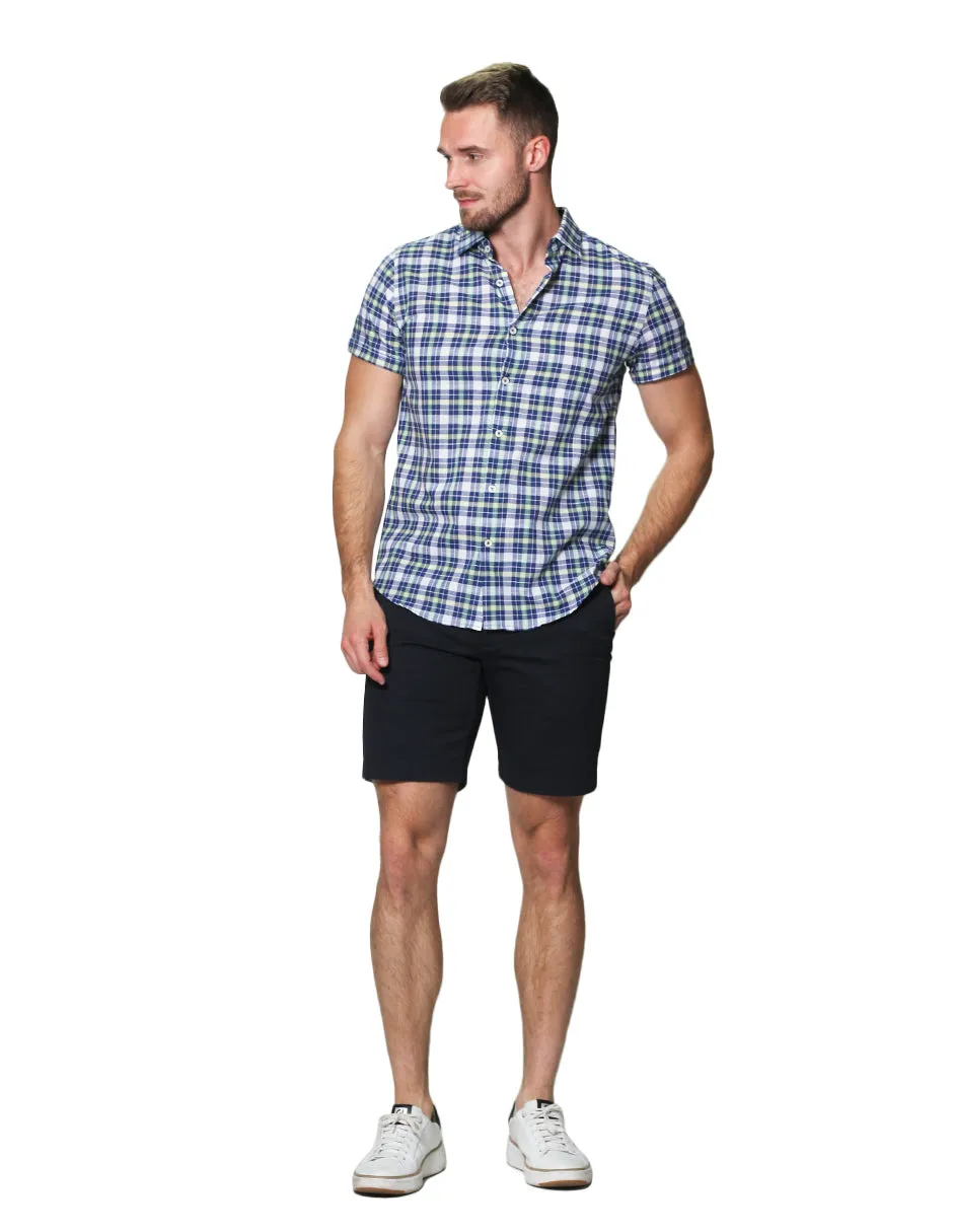 Camisas Para Hombre Manga Corta Estampado Cuadros Slim Fit B31361 Verde