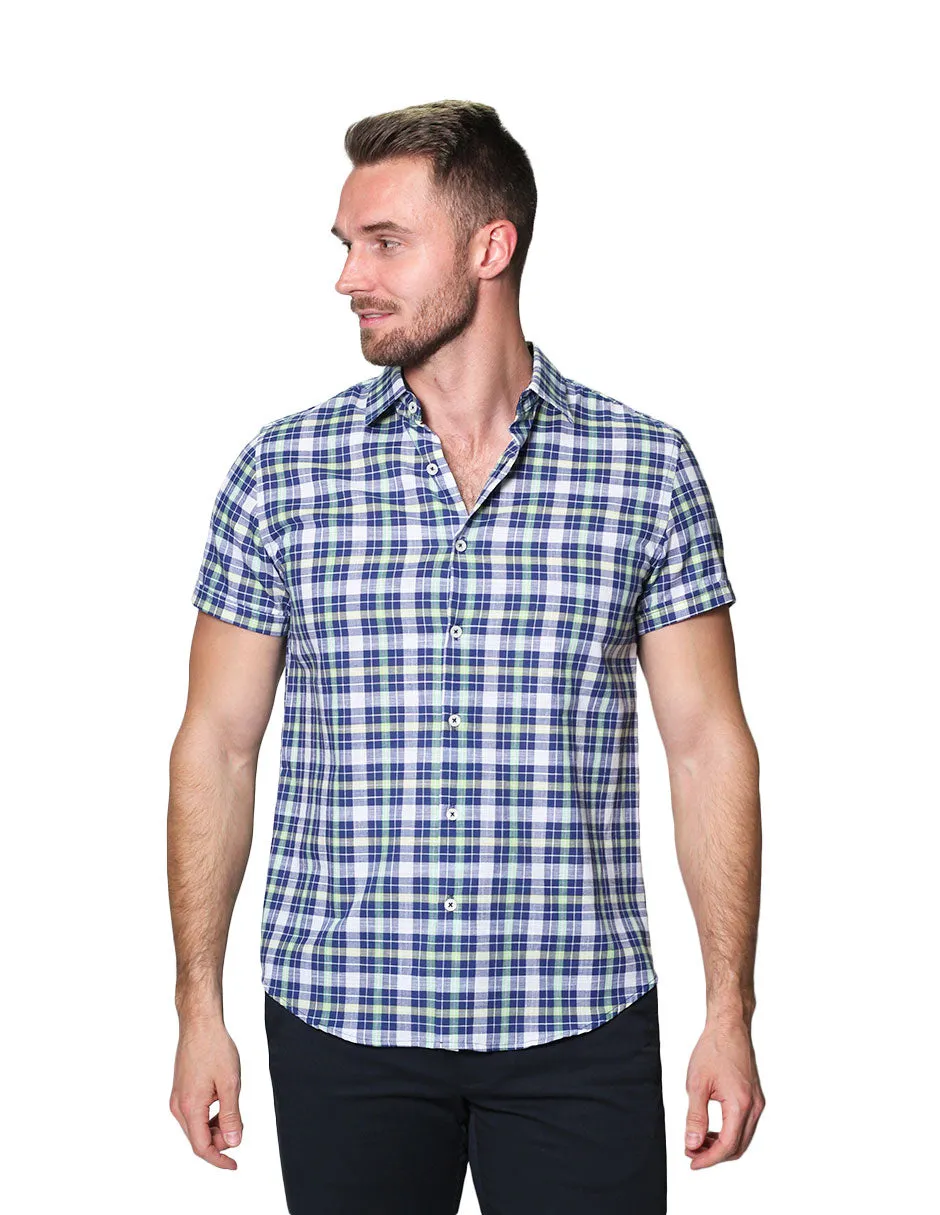 Camisas Para Hombre Manga Corta Estampado Cuadros Slim Fit B31361 Verde