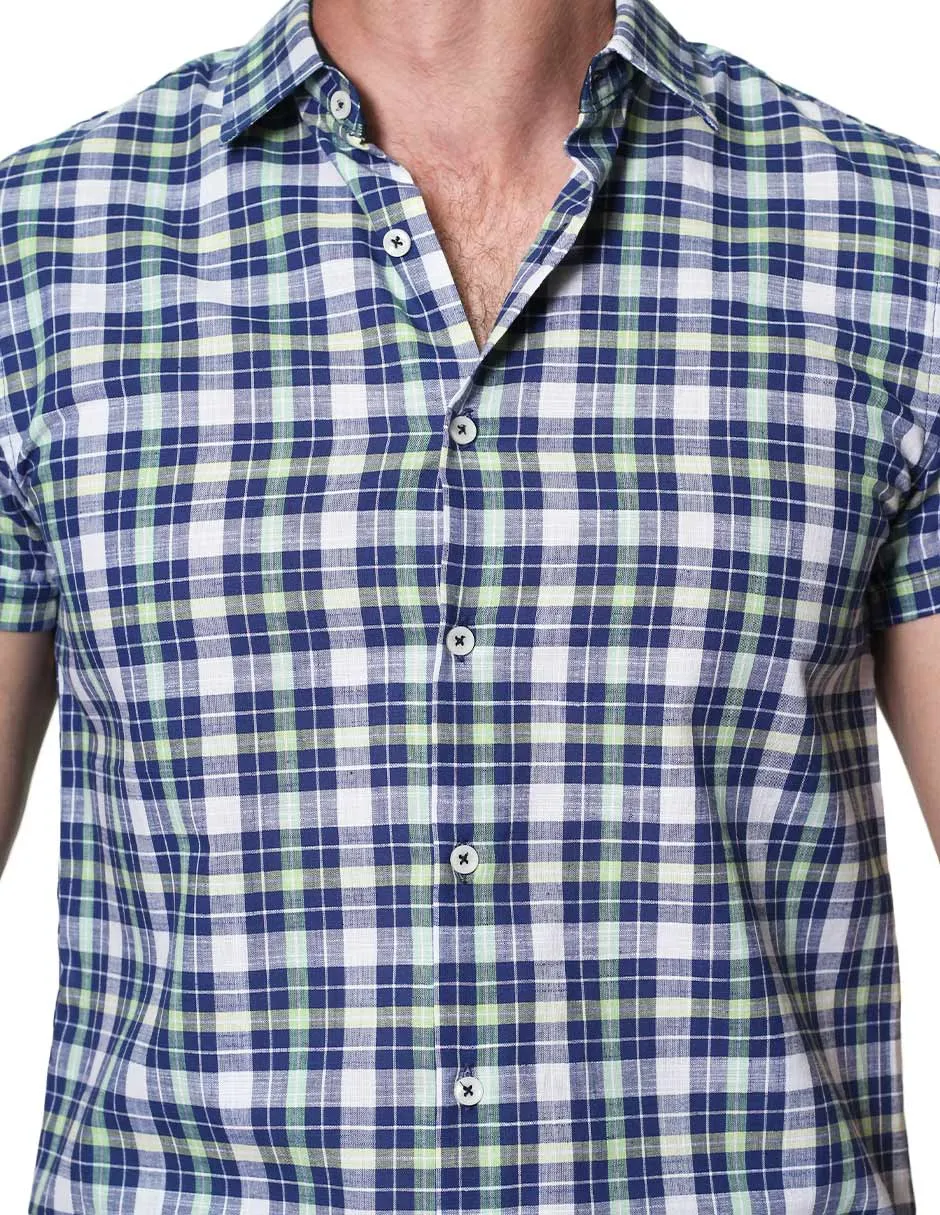 Camisas Para Hombre Manga Corta Estampado Cuadros Slim Fit B31361 Verde