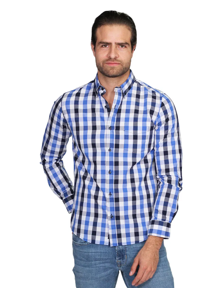 Camisas Para Hombre Manga Larga Cuadros Regular Fit Azul B21211