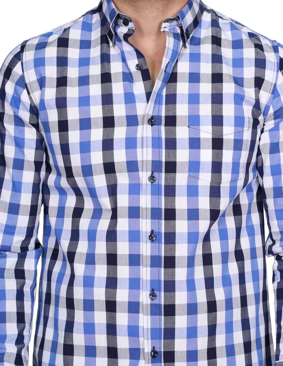 Camisas Para Hombre Manga Larga Cuadros Regular Fit Azul B21211