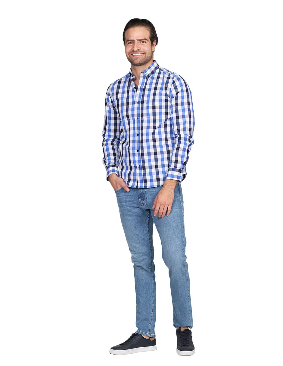 Camisas Para Hombre Manga Larga Cuadros Regular Fit Azul B21211