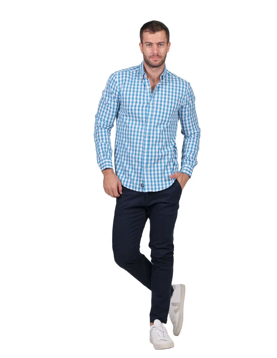 Camisas Para Hombre Manga Larga Cuadros Regular Fit Azul B25202