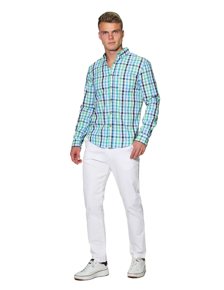 Camisas Para Hombre Manga Larga Cuadros Slim Fit B31108 Verde