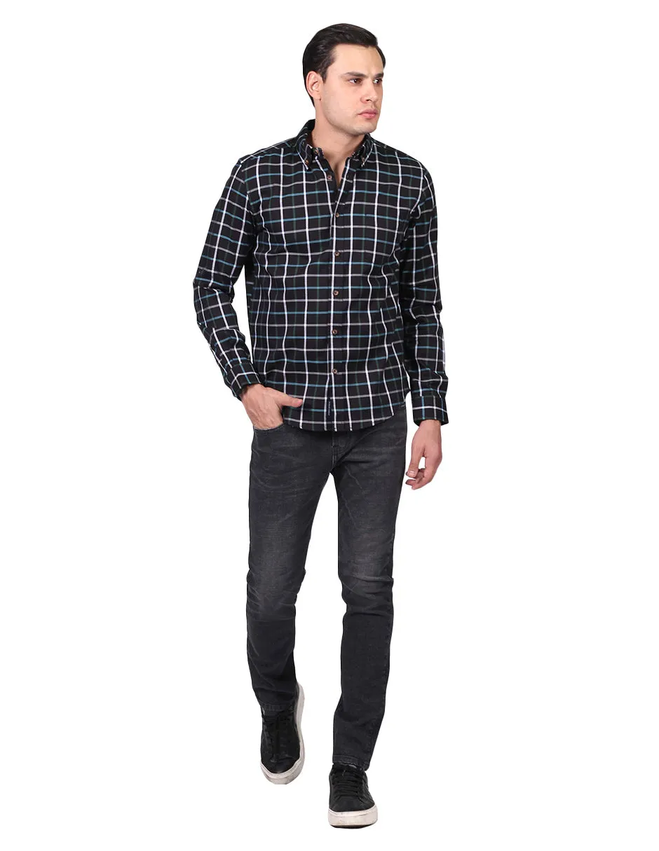 Camisas Para Hombre Manga Larga Cuadros Slim Fit Negro B25108