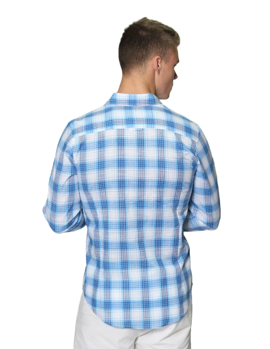 Camisas Para Hombre Manga Larga Cuadros Tipo Lino Slim Fit B31306 Cielo