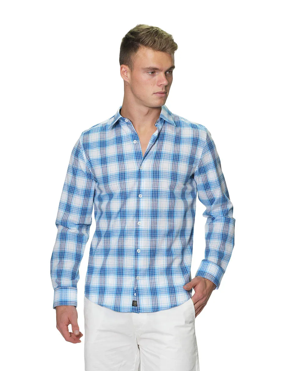 Camisas Para Hombre Manga Larga Cuadros Tipo Lino Slim Fit B31306 Cielo