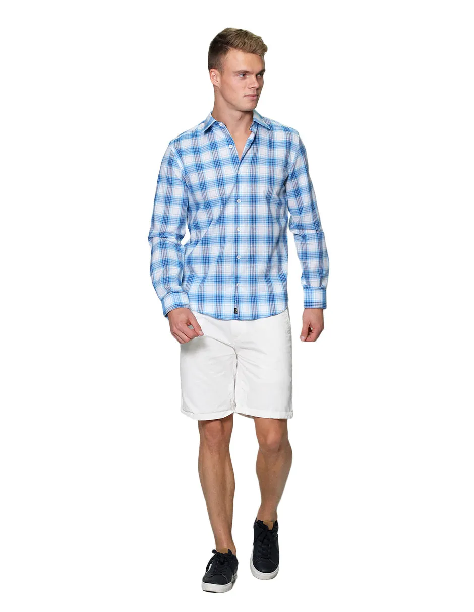 Camisas Para Hombre Manga Larga Cuadros Tipo Lino Slim Fit B31306 Cielo