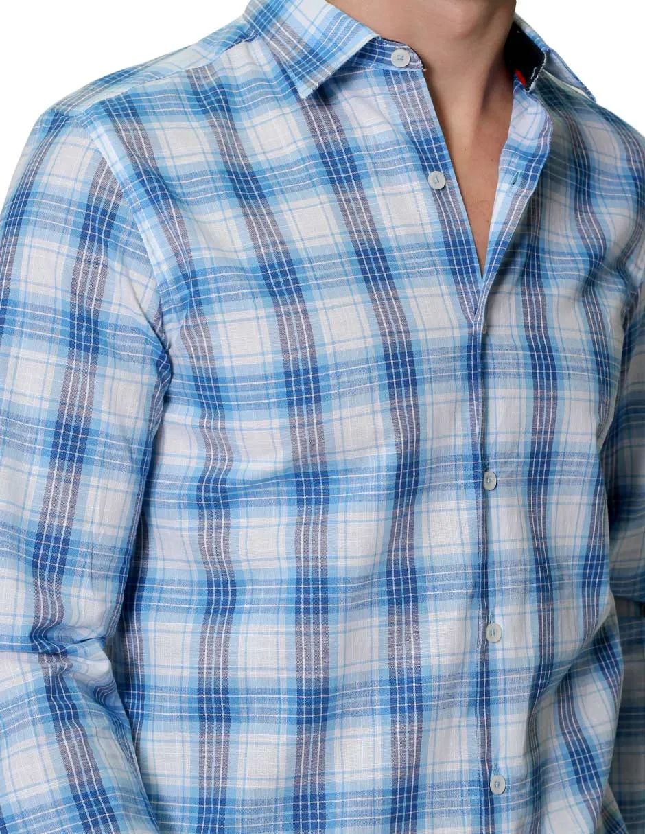 Camisas Para Hombre Manga Larga Cuadros Tipo Lino Slim Fit B31306 Cielo