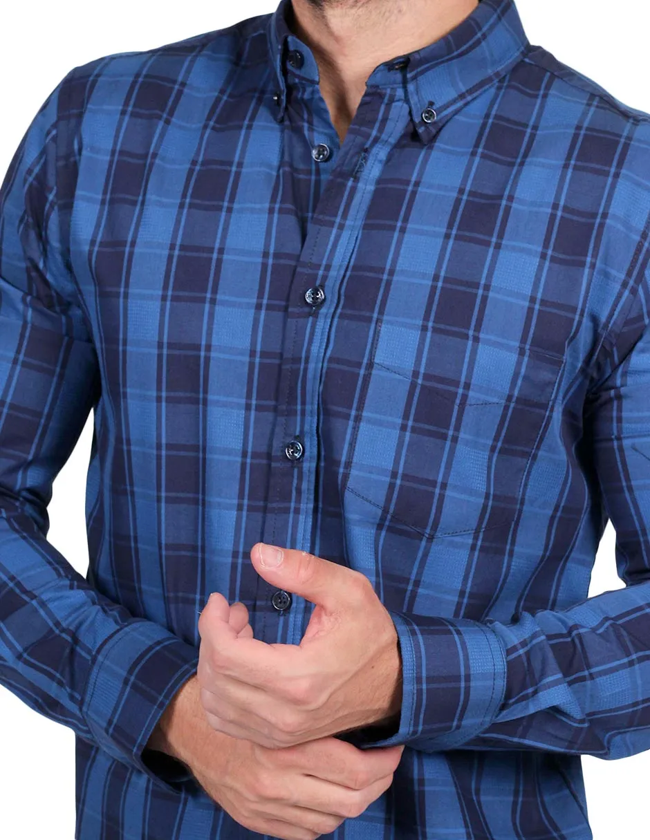 Camisas Para Hombre Moda Manga Larga Cuadros B25226 Azul