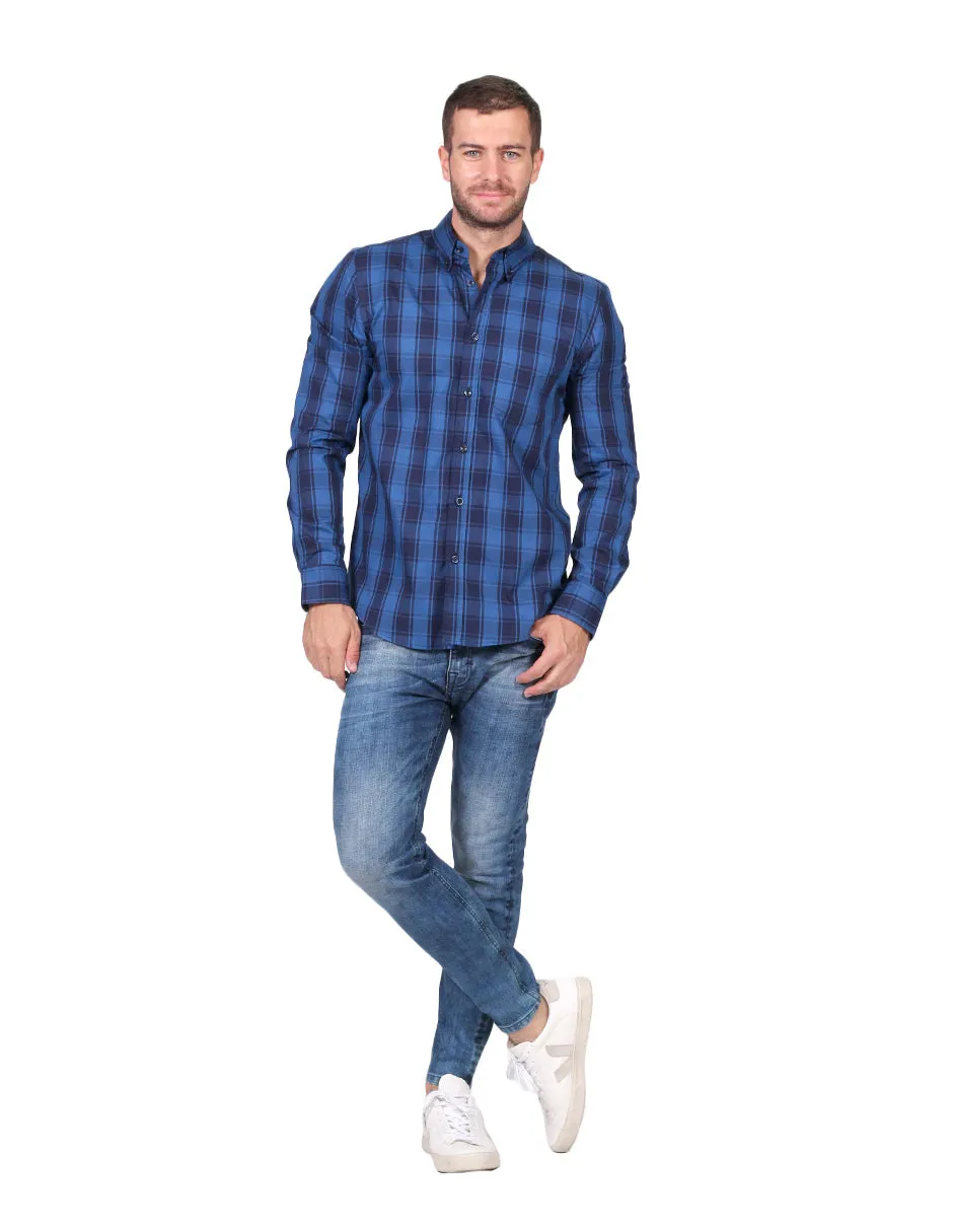 Camisas Para Hombre Moda Manga Larga Cuadros B25226 Azul