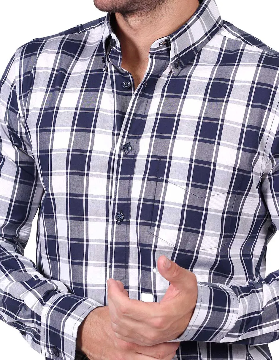 Camisas Para Hombre Moda Manga Larga Cuadros B25226 Blanco