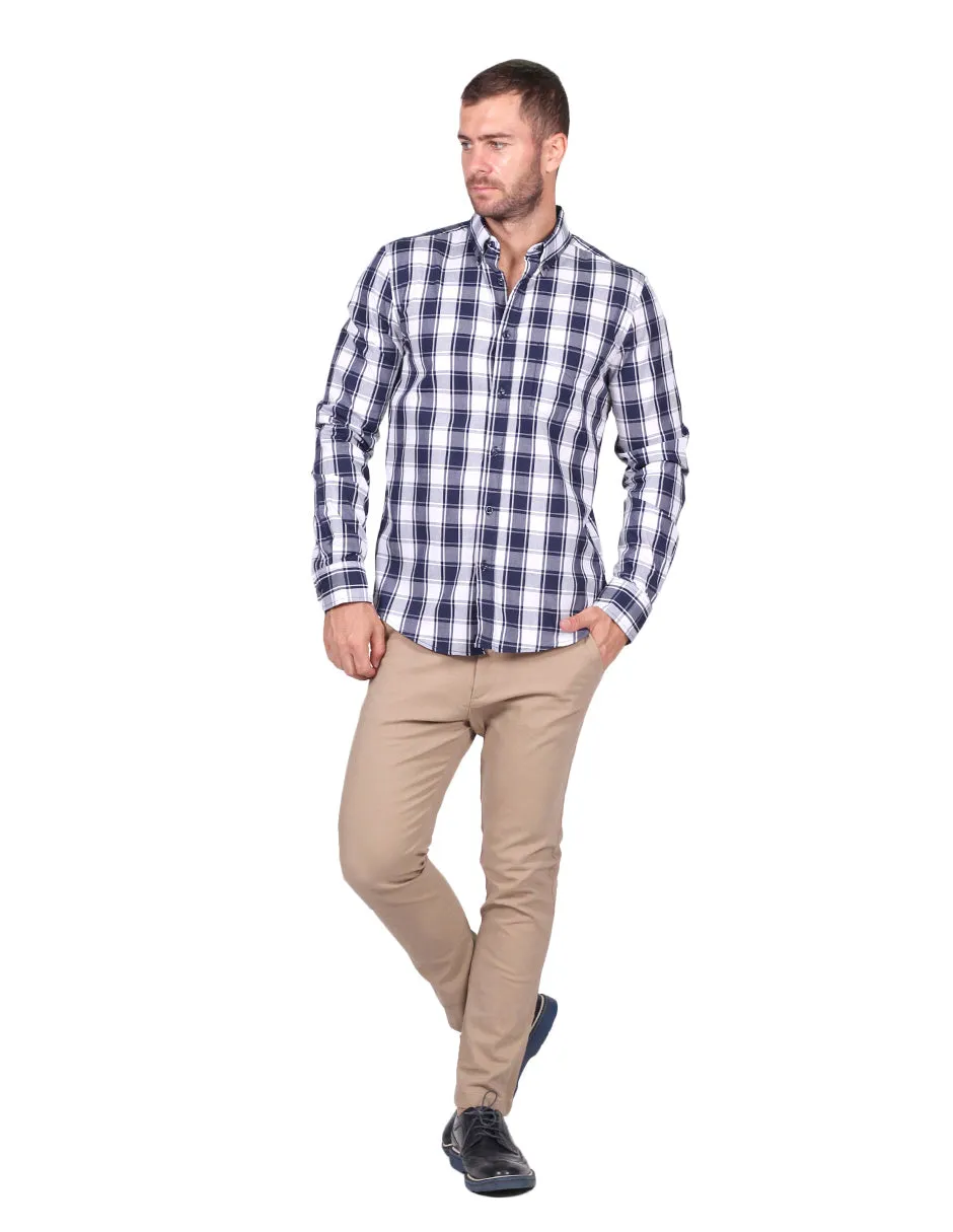 Camisas Para Hombre Moda Manga Larga Cuadros B25226 Blanco