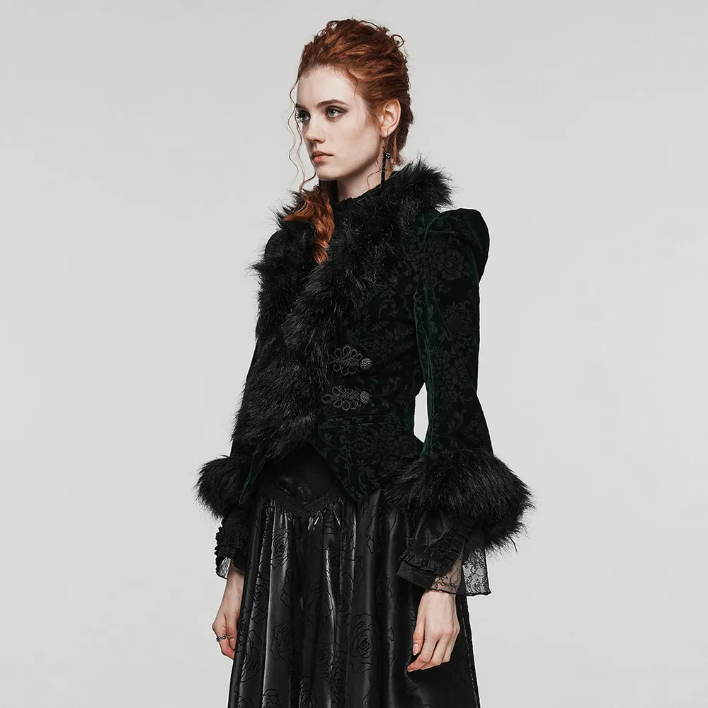 Embossed Velvet Goth Short Jacket with Wool Trim