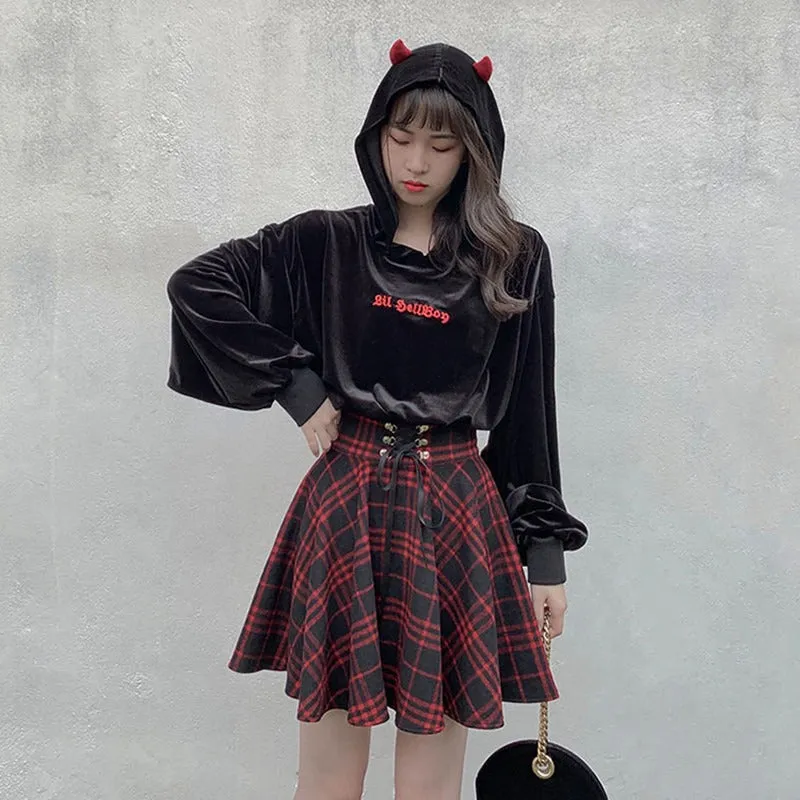 Gothic Lolita Skirt for Women / Plaid Pleated Ball Gown High Waist Skirt
