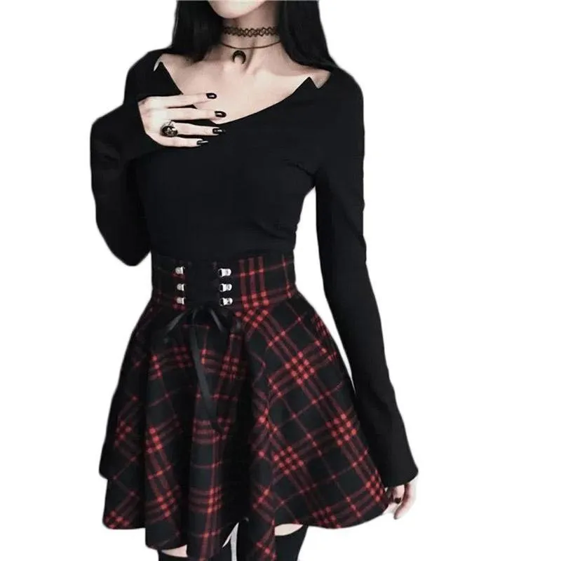 Gothic Lolita Skirt for Women / Plaid Pleated Ball Gown High Waist Skirt