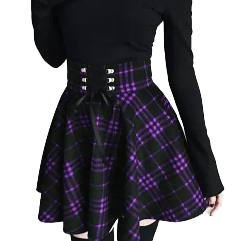Gothic Lolita Skirt for Women / Plaid Pleated Ball Gown High Waist Skirt