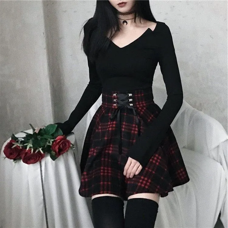 Gothic Lolita Skirt for Women / Plaid Pleated Ball Gown High Waist Skirt