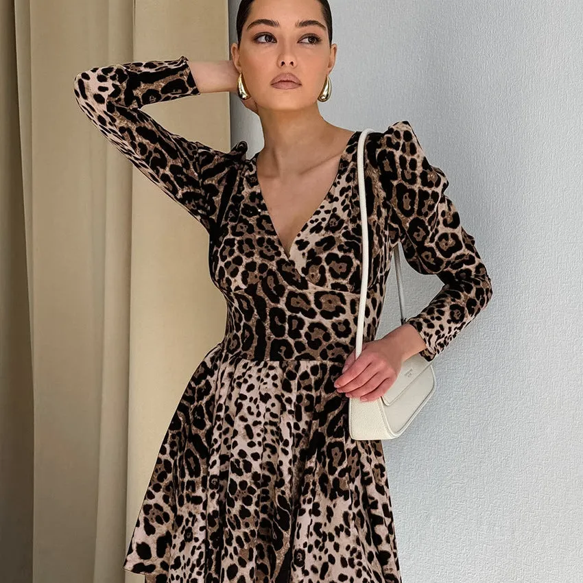 Leopard Print V Neck Slim Fit Dress