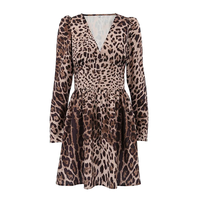 Leopard Print V Neck Slim Fit Dress