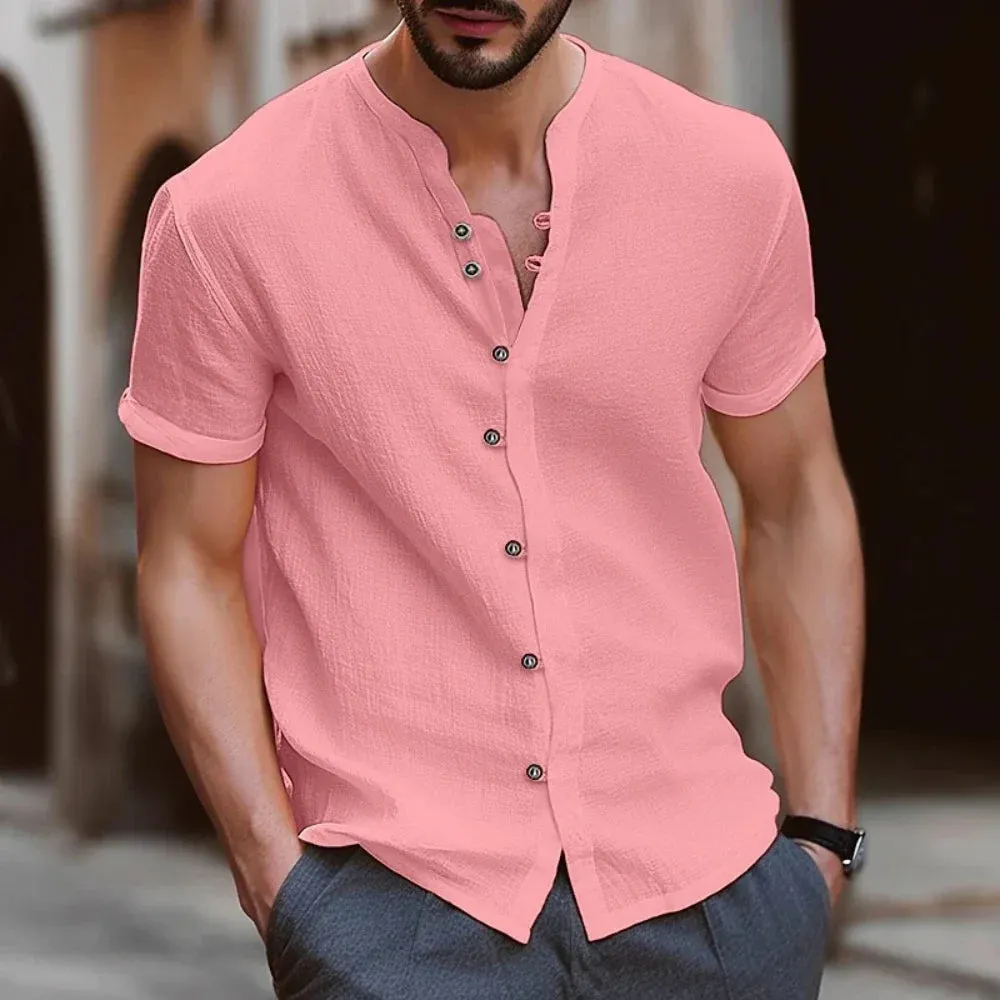 Men Casual Solid Color Retro Button Short Sleeve Shirt for Men Collar High Quality Fashion Mens Shirts Summer Slim Fit