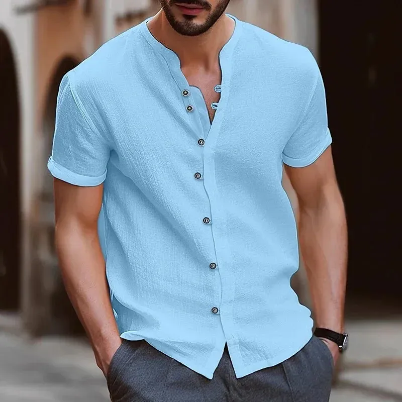Men Casual Solid Color Retro Button Short Sleeve Shirt for Men Collar High Quality Fashion Mens Shirts Summer Slim Fit