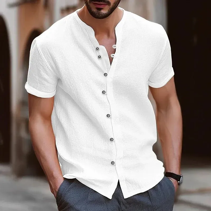 Men Casual Solid Color Retro Button Short Sleeve Shirt for Men Collar High Quality Fashion Mens Shirts Summer Slim Fit
