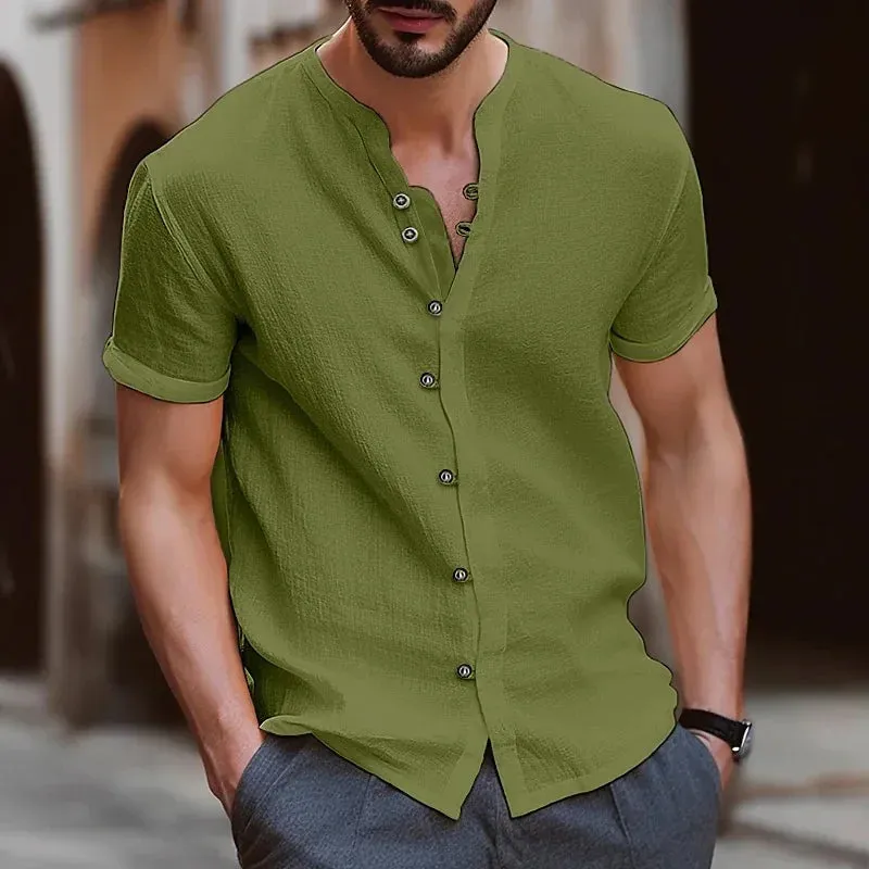 Men Casual Solid Color Retro Button Short Sleeve Shirt for Men Collar High Quality Fashion Mens Shirts Summer Slim Fit