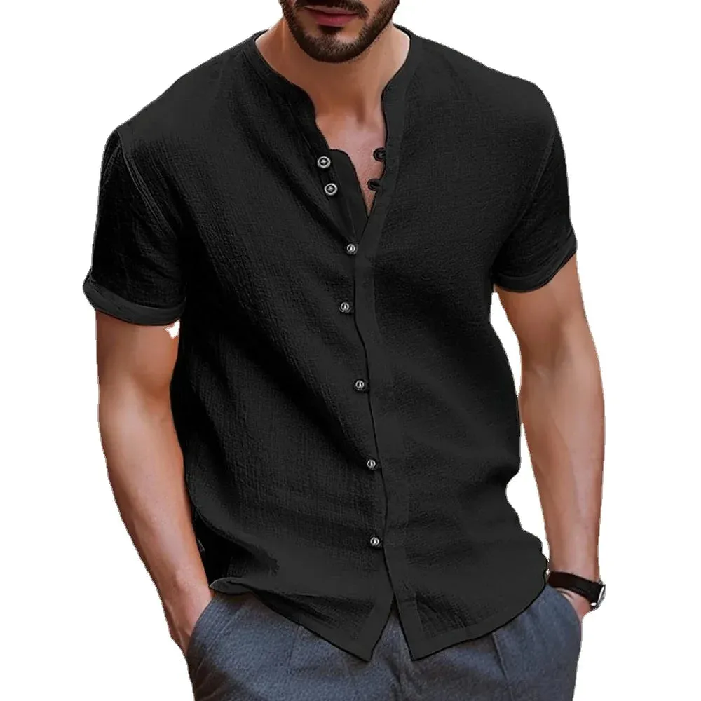 Men Casual Solid Color Retro Button Short Sleeve Shirt for Men Collar High Quality Fashion Mens Shirts Summer Slim Fit