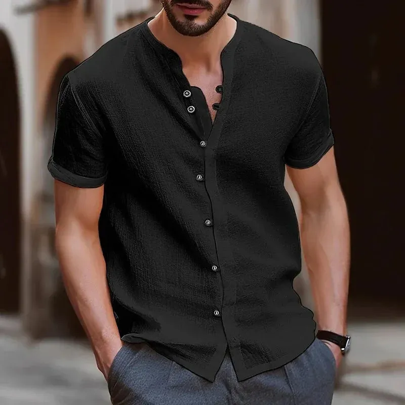 Men Casual Solid Color Retro Button Short Sleeve Shirt for Men Collar High Quality Fashion Mens Shirts Summer Slim Fit