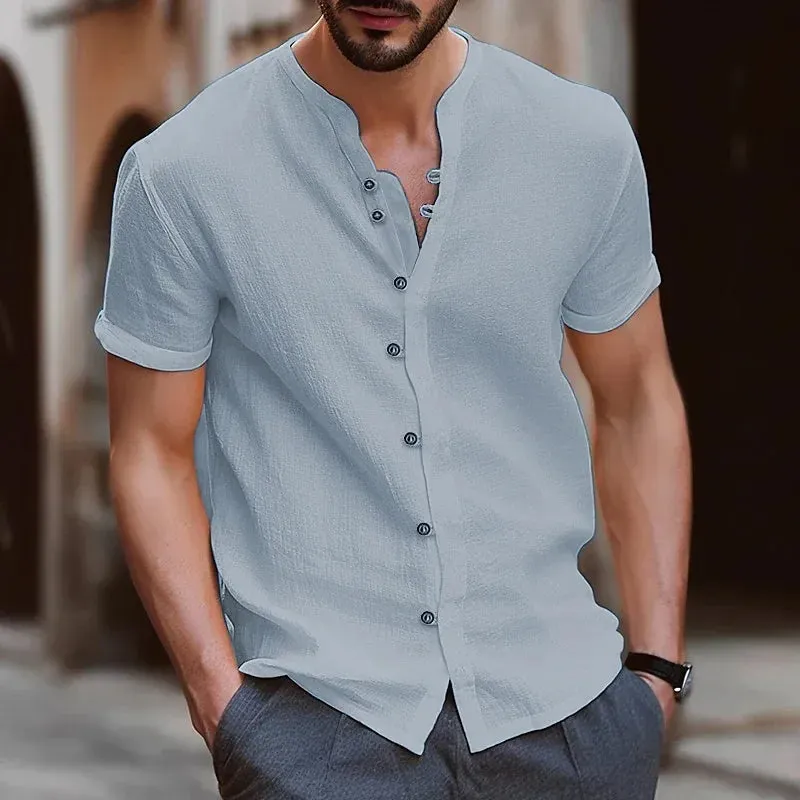 Men Casual Solid Color Retro Button Short Sleeve Shirt for Men Collar High Quality Fashion Mens Shirts Summer Slim Fit