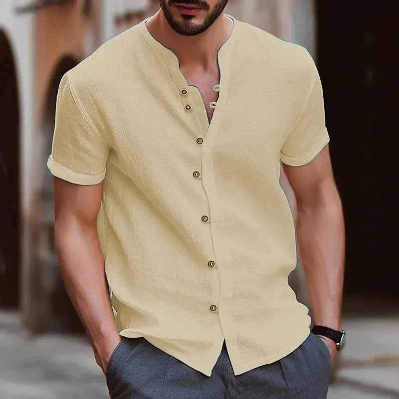 Men Casual Solid Color Retro Button Short Sleeve Shirt for Men Collar High Quality Fashion Mens Shirts Summer Slim Fit