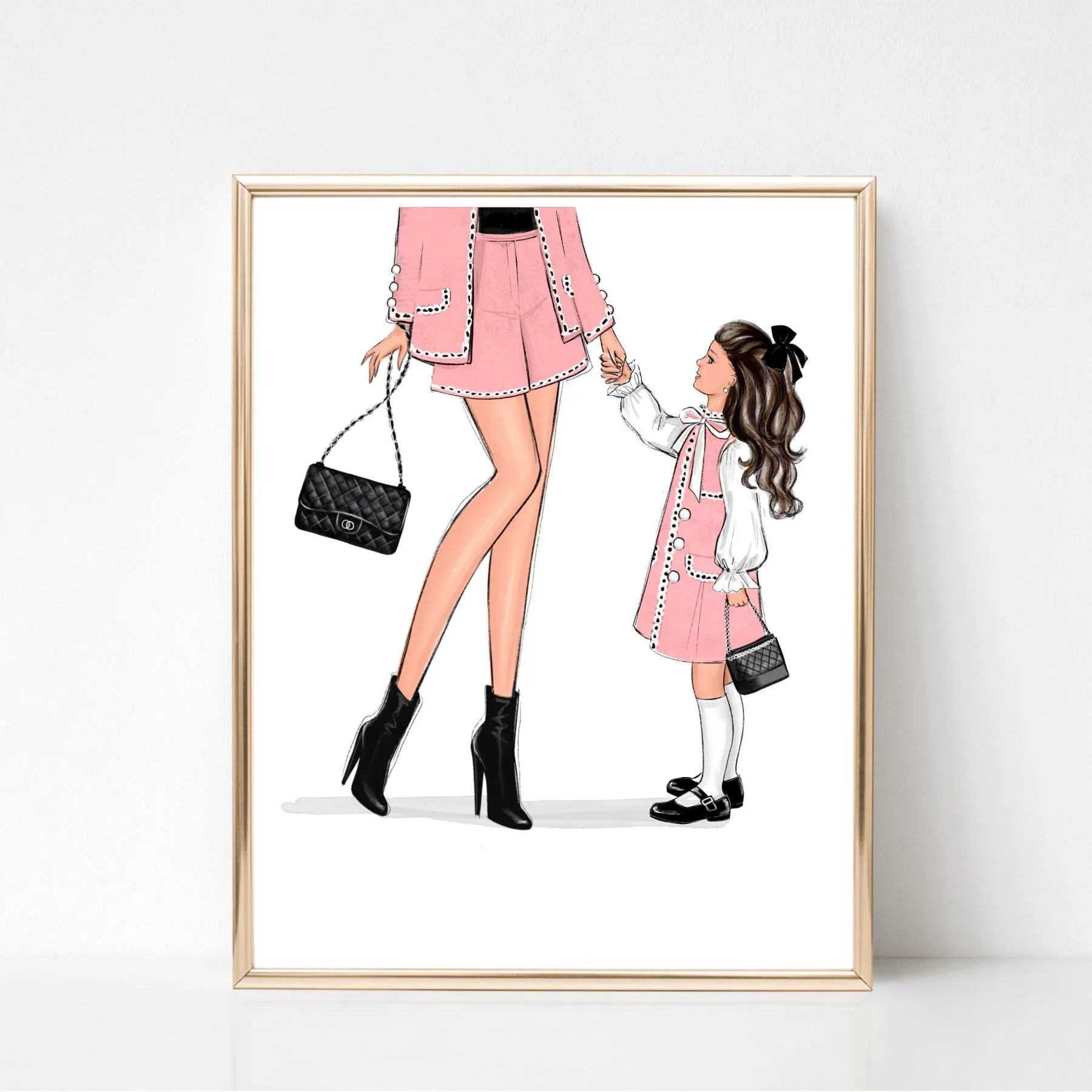 Mom of girl in classic pink outfit art print fashion Illustration