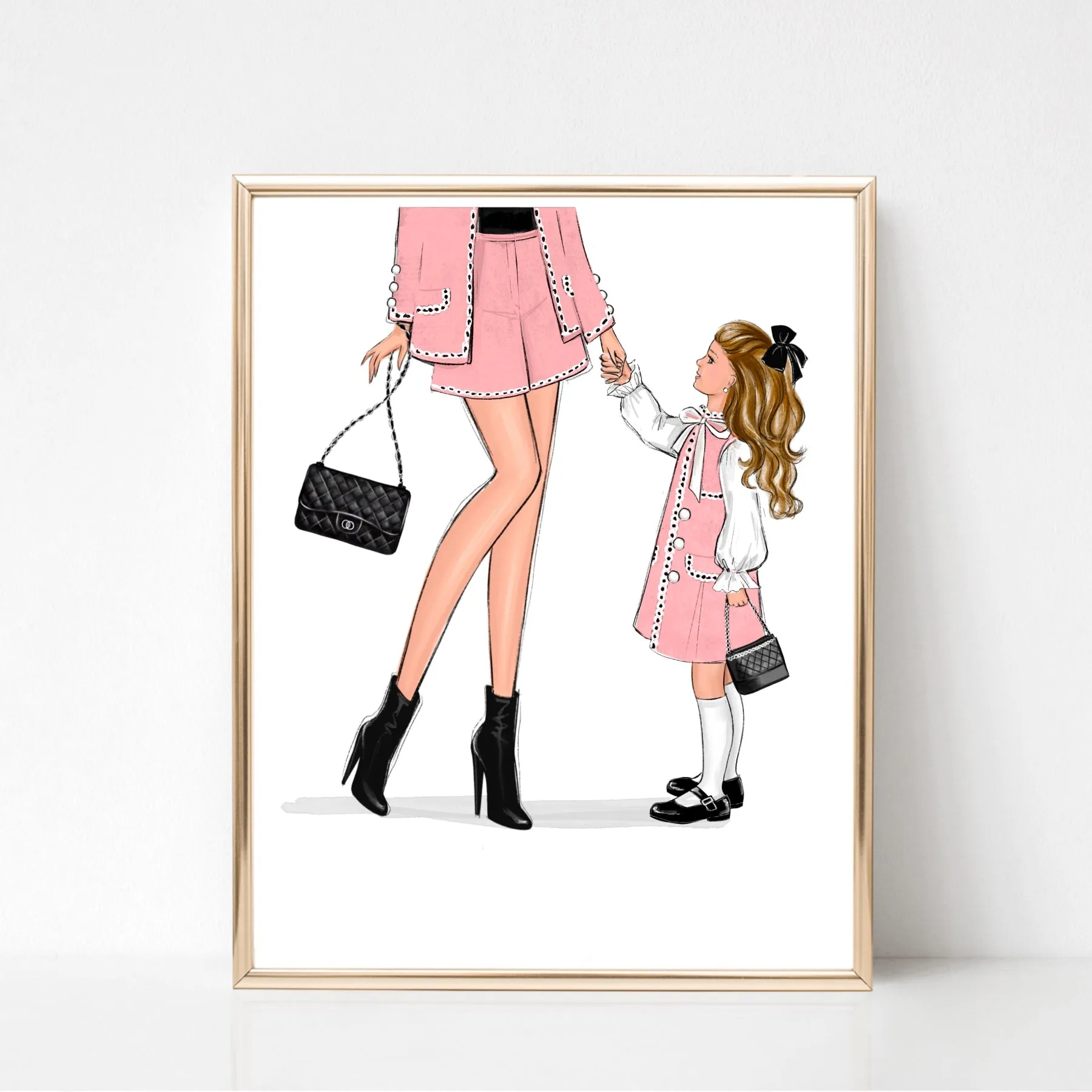 Mom of girl in classic pink outfit art print fashion Illustration