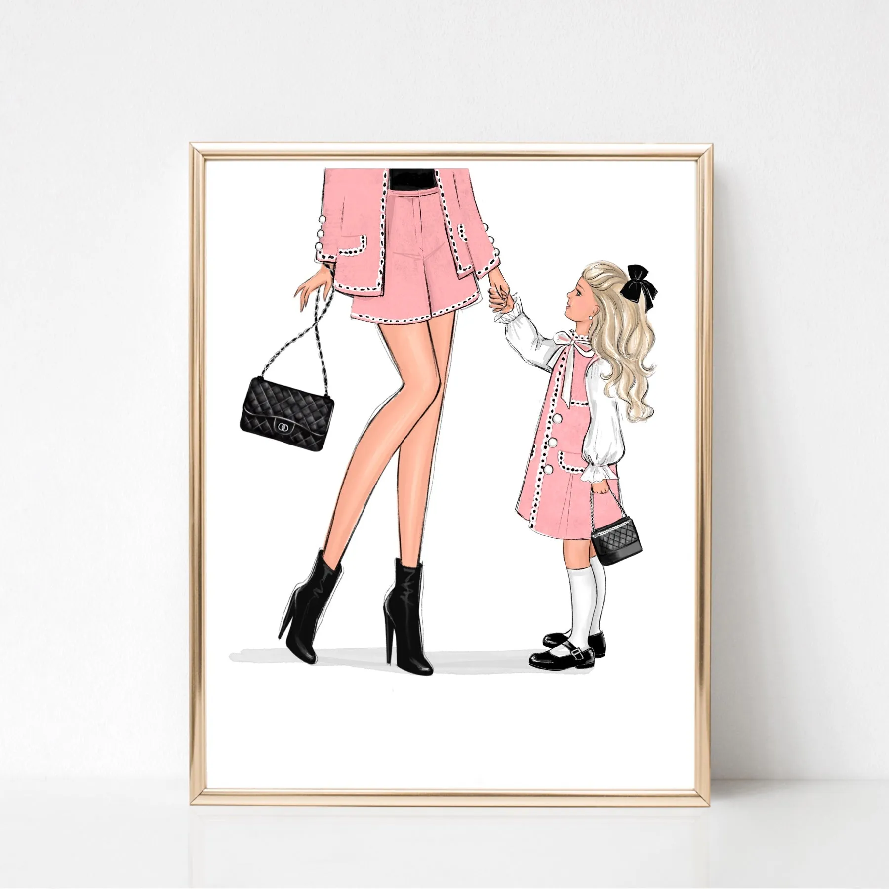Mom of girl in classic pink outfit art print fashion Illustration