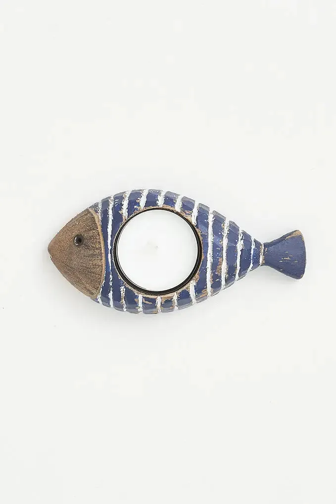 Portavelas pequeños con forma de pez azul oscuro