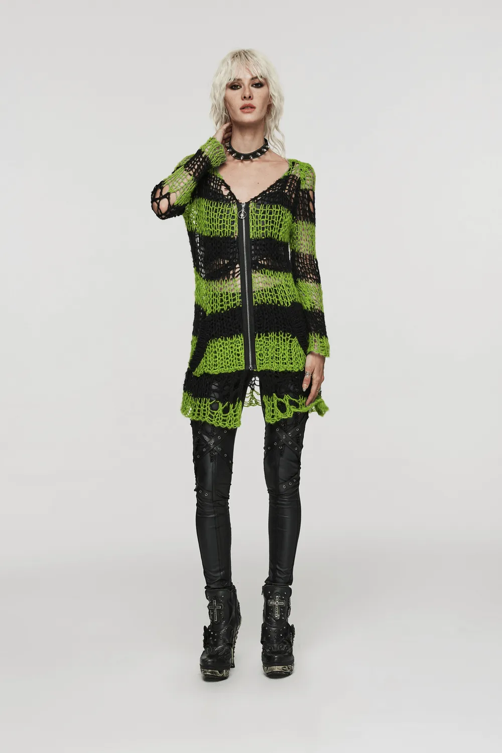 Punk Rave Shredded Green and Black Striped Cardigan