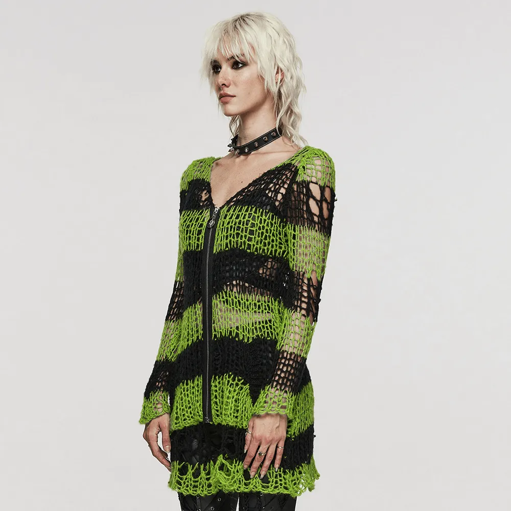 Punk Rave Shredded Green and Black Striped Cardigan